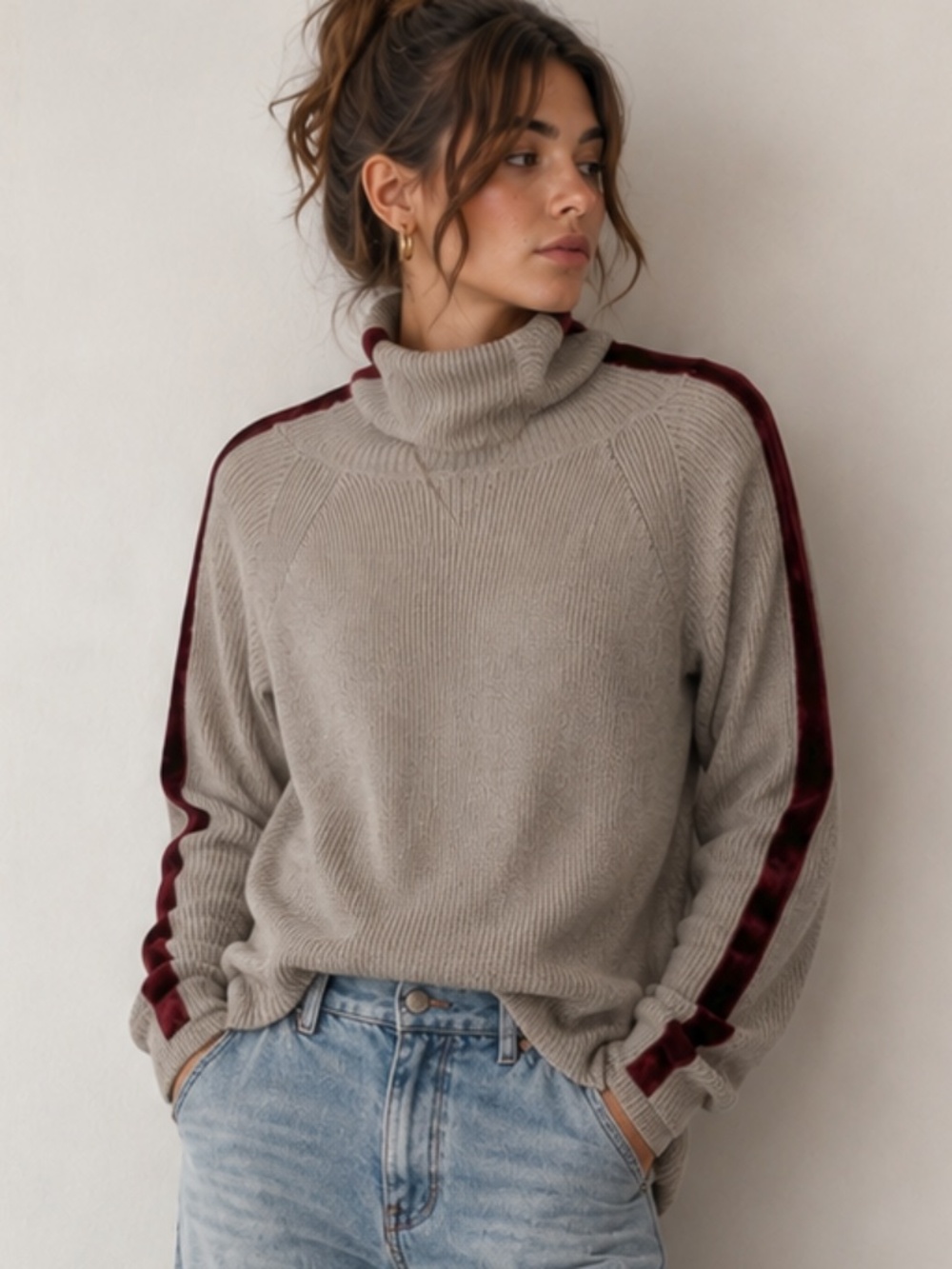 Margaret O’Leary Taupe Ribbed Turtleneck Sweater Velvet Stripe Detail L